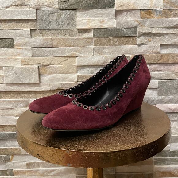 Van Eli 8N Suede Wedge Pumps | Plum Purple, Grommet Trim, Comfort Heels - Picture 5 of 8